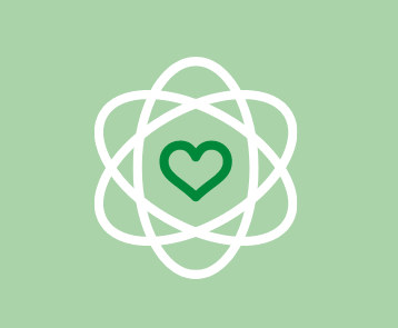 Grünes Herz in einem stilisierten atomartigen Symbol auf hellgrünem Hintergrund als Symbol für die Vereinswerte. 